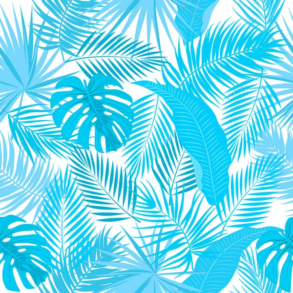 Blue seamless pattern of leaves palm tree, monstera, flowers, ve — Stock Vector