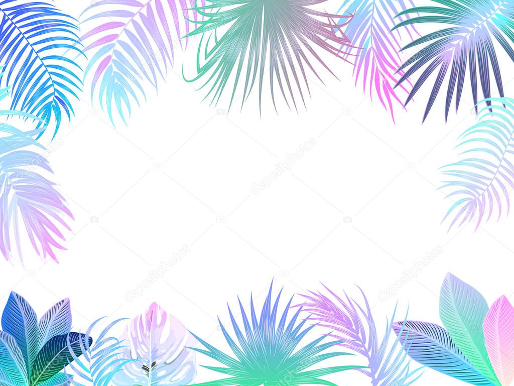 Vector tropical jungle frame with neon palm trees, flowers and l
