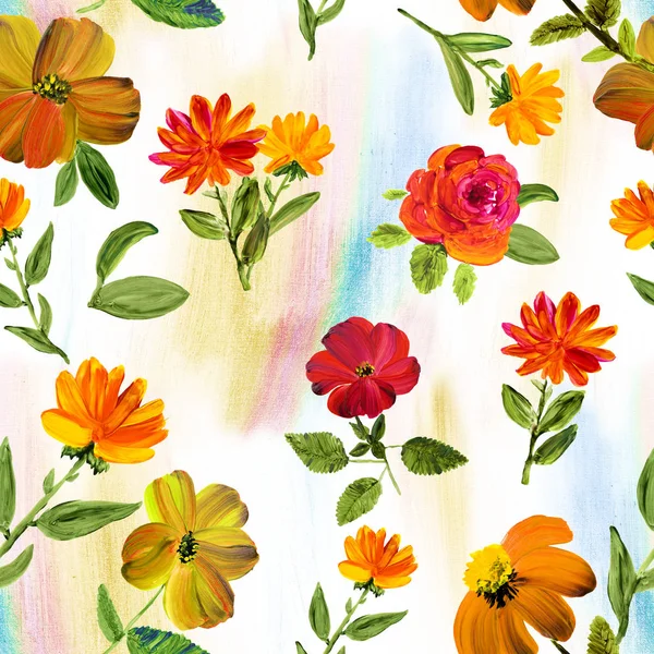 Florales nahtloses Muster abstrakter heller Blumen von Hand bemalt — Stockfoto