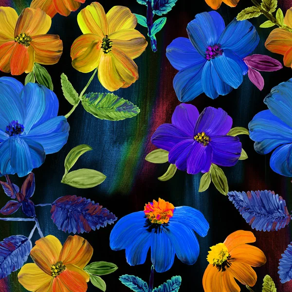 手绘抽象明亮花朵的花纹无缝图案 — 图库照片