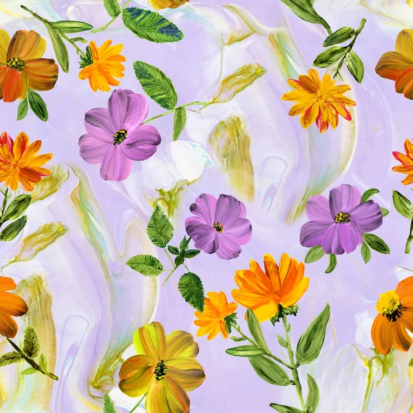 Florales nahtloses Muster abstrakter heller Blumen von Hand bemalt — Stockfoto
