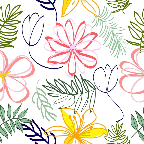 Vector naadloos patroon met abstracte bloemen, bladeren op wit — Stockvector