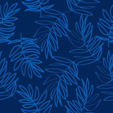 Tekstil ve duvar kağıtları için koyu arkaplan üzerinde kusursuz vektör deseni soyut mavi tropikal yapraklar