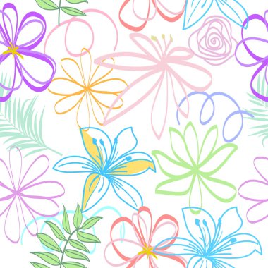 Beyaz arkaplanda tekstil ve duvar kağıdı için kusursuz vektör deseni soyut çiçekler ve tropikal yapraklar