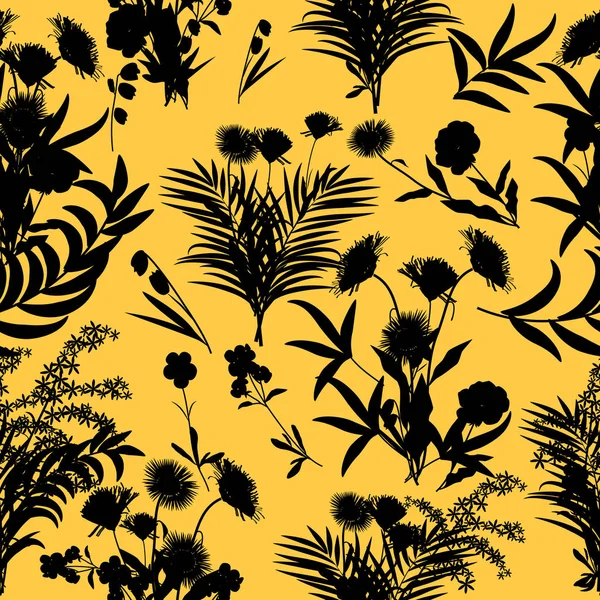 Nahtloses Vektormuster Schwarze Blüten Und Tropische Blätter Auf Gelbem Hintergrund — Stockvektor