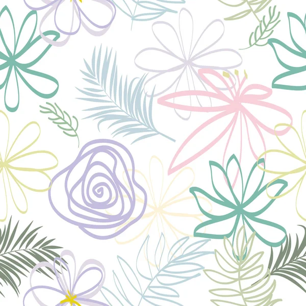 Naadloze Vector Patroon Pastel Abstracte Bloemen Tropische Bladeren Witte Achtergrond — Stockvector