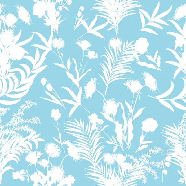Nahtloses Vektormuster Weiße Blüten Und Tropische Blätter Auf Blauem Hintergrund — Stockvektor