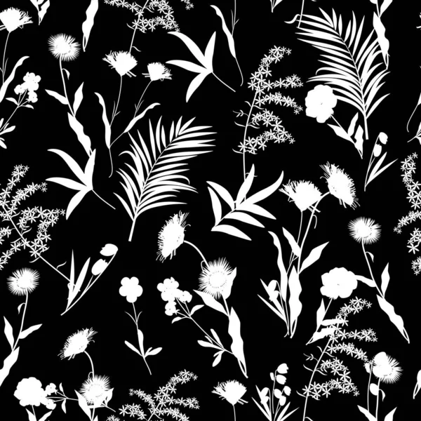 Seamless vector pattern white flowers and tropical leaves on black background for textile, wallpaper