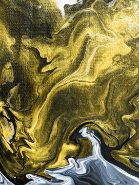 Siyah ve altın rengi, soyut el boyası, mermer dokular, tuvale yakın plan akrilik boya. Modern sanat. Çağdaş sanat.