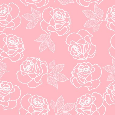 Tekstil ve duvar kâğıdı için pembe arkaplan üzerinde beyaz soyut çiçekler kontur çizgileri ile vektörsüz desen