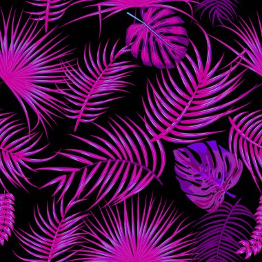 Neon tropikal desenli canavar deseni, çiçekler, mor palmiye yaprakları, pembe renkler..