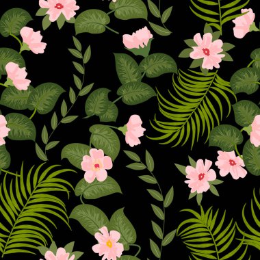 Çiçeksiz desenli, pembe çiçekli ve palmiye yapraklı. Vektör arkaplanı.