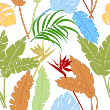 Kusursuz yaprak deseni canavar, çiçekler, muz, tropik orman palmiyesi yaprakları. Vektör arkaplanı.