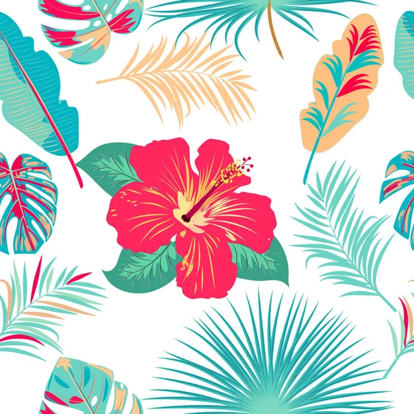 Vector Tropischen Dschungel Nahtlose Muster Mit Palmen Blätter Und Blumen — Stockvektor
