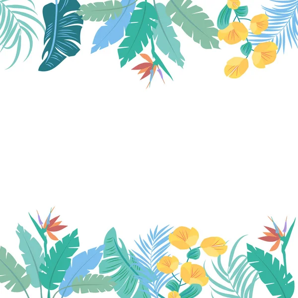Тропические Джунгли Пальмовые Листья Цветы Рамка Шаблона Граница Местом Текста — стоковый вектор