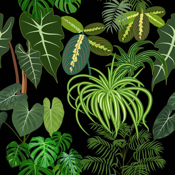 熱帯ジャングルのヤシの葉と花のシームレスなパターン ベクトルの背景 — ストックベクタ