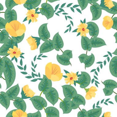 Tropik orman yaprakları ve çiçekler pürüzsüz desen, vektör beyaz arka plan