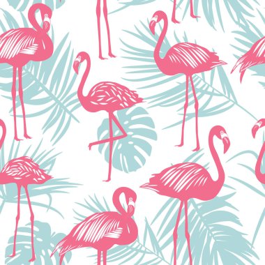 Beyaz arka planda palmiye yaprakları olan pürüzsüz pembe flamingo deseni, egzotik kuş, vektör çizimi