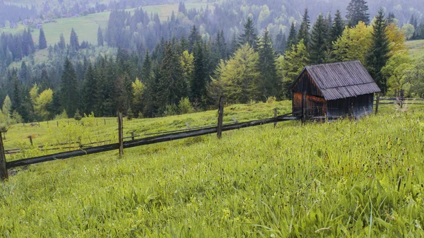 Ranní slunce paprsky v domě horách mlha — Stock fotografie