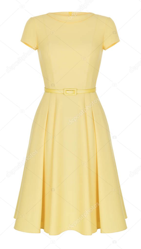 Luxurious beautiful female yellow dress, isolated on white background