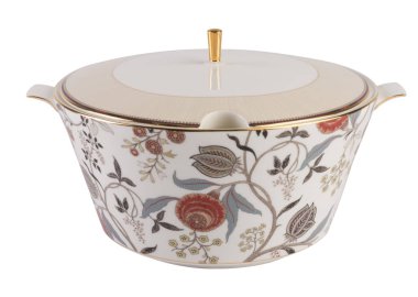 Güzel seramik kasesi kapağı, çiçek baskı, kırpma, beyaz arka plan ile