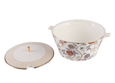 Güzel seramik kasesi kapağı, çiçek baskı, kırpma, beyaz arka plan ile