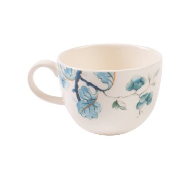 Beyaz arka plan üzerinde izole mavi desenleri ile beyaz kupa