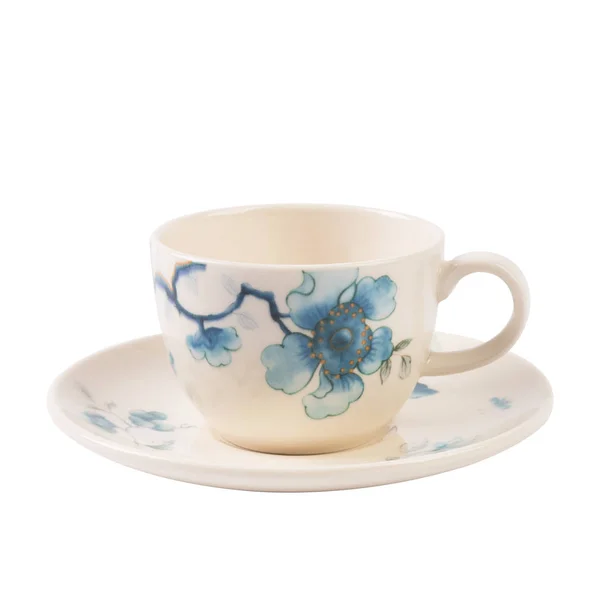 White mug with blue patterns isolated on white background — Stock Photo, Image