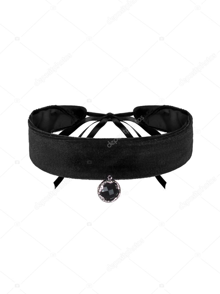 Lovely luxurious lace black choker from fabric with bow on white background with crystal