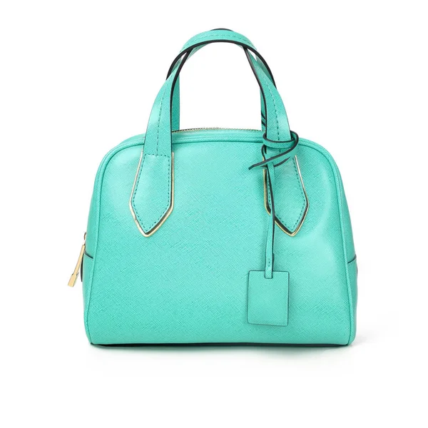 Güzel lüks deri kadın turkuaz çanta beyaz bir arka plan üzerinde