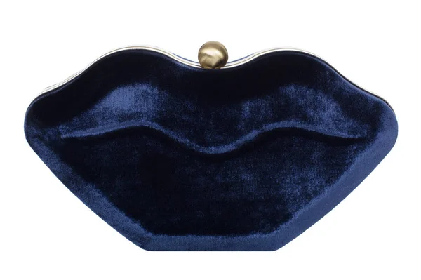 Ravissant sac à lèvres luxueux en velours bleu sur fond blanc — Photo