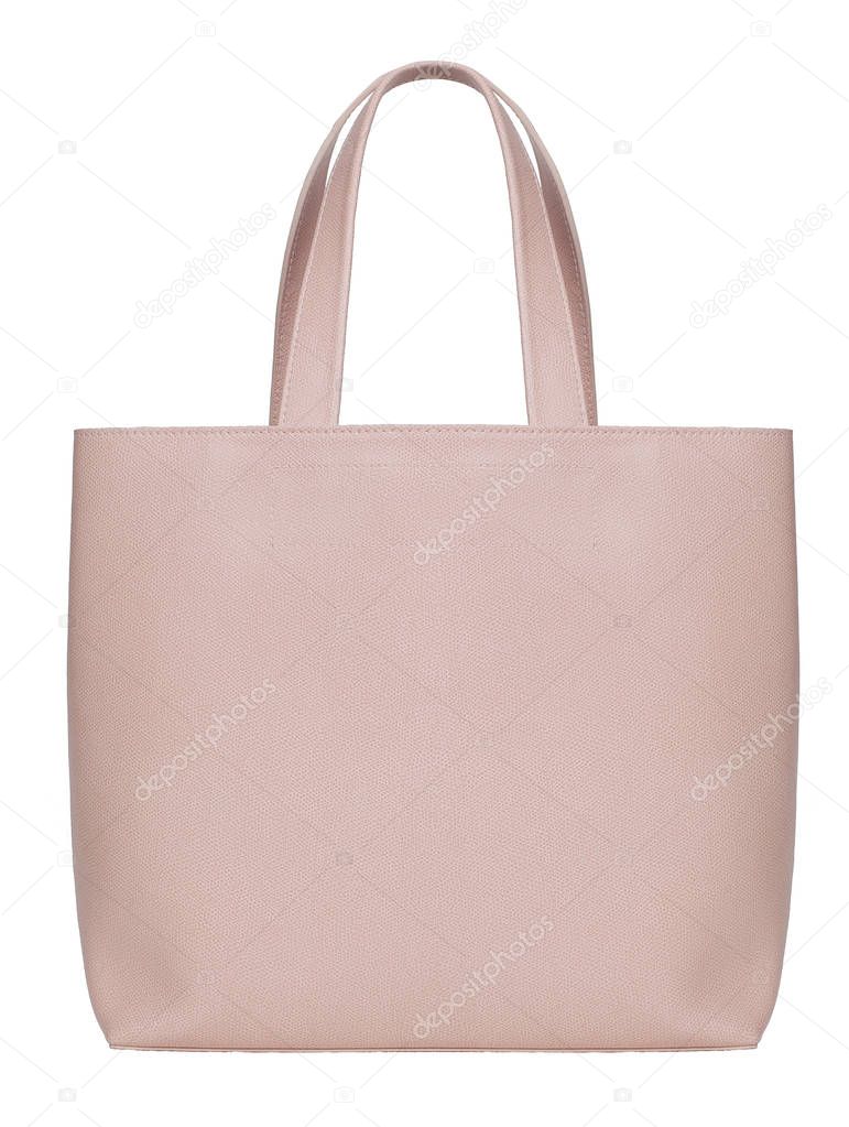 Lovely luxury shiny pink leather bag on a white background