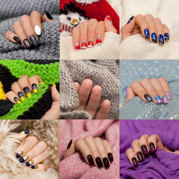 Zbiór dziewięciu piękne zimowych manicure Wariacje na temat kobiecej dłoni — Zdjęcie stockowe