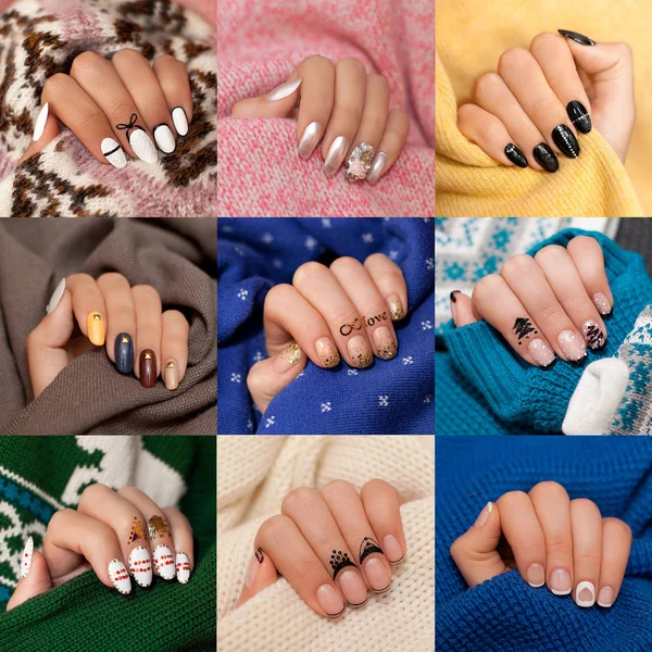 Zbiór dziewięciu piękne zimowych manicure Wariacje na temat kobiecej dłoni — Zdjęcie stockowe
