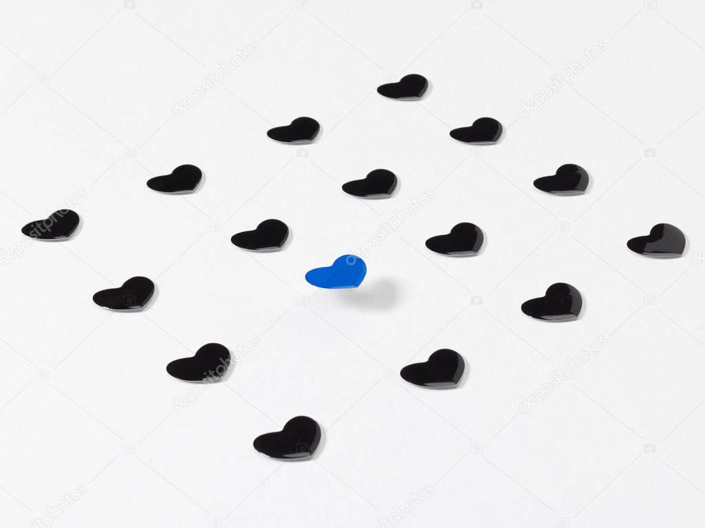 Blue white and black color mock-up of stationery, hearts icons, a template for brand identification on a gray and white background. For presentations and portfolio of graphic designers