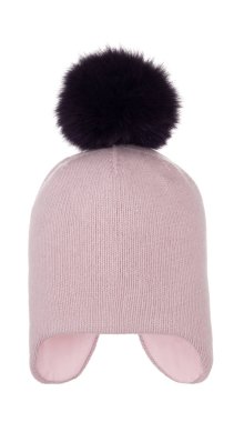 Doğal siyah kürk ponpon, kırpma, izole üzerinde beyaz arka plan ile güzel örme yün pembe şapka