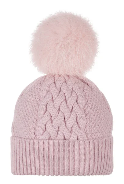 Bellissimo Cappello Rosa Lana Lavorato Maglia Con Pompon Pelliccia Naturale — Foto Stock