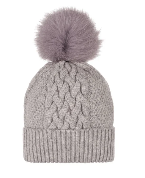 Bellissimo Cappello Lana Grigio Lavorato Maglia Con Pompon Pelliccia Naturale — Foto Stock