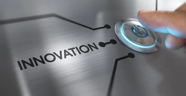Innovative Concept. Finger about to press a start button with the word innovation on the left — Stock Photo, Image