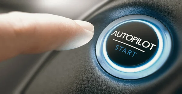 自動運転車の自動運転ボタンを押す指 手の写真と3D背景の複合画像 — ストック写真