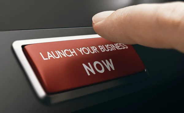 Dedo Pressionando Botão Vermelho Com Texto Iniciar Seu Negócio Agora — Fotografia de Stock