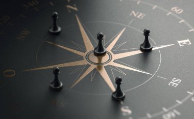 Üzerinde beş piyon olan siyah arkaplan üzerinde altın bir pusula olan üç boyutlu bir çizim. İş stratejisi ve kılavuz kavramı
