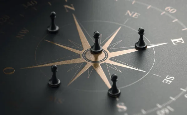 Illustration Golden Compass Rose Black Background Five Pawns Business Strategy — Stock Photo, Image