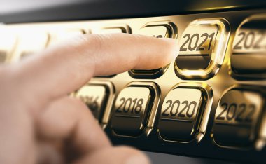 Parmakların, üzerinde 2021 yazan altın bir düğmeye bassın. Yıl iki bin yirmi bir konsept. Bir el fotoğrafçılığı ile üç boyutlu arkaplan arasındaki birleşik resim.