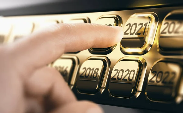 Finger Pressing Golden Button Number 2021 Year Two Thousand Twenty — Stock Photo, Image