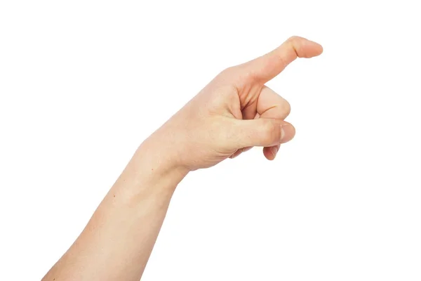Hand Zeigt Das Zeigefinger Zeichen Auf Weißem Hintergrund — Stockfoto