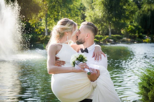 Groom Holds Bride His Arms Wedding Happy Newlyweds — Stock Photo, Image