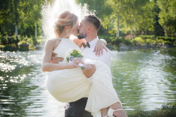 Groom Holds Bride His Arms Wedding Happy Newlyweds — Stock Photo, Image