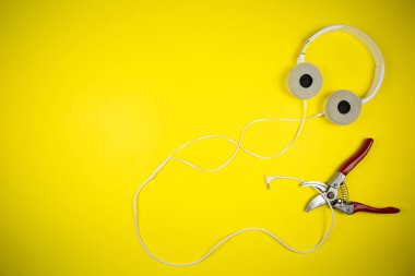 Bahçe kesiciler kulaklıklardan kabloyu kesti