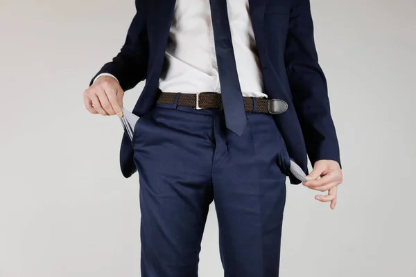 Man Business Suit Turned His Pockets Out Financial Crisis Bankruptcy — Stock Photo, Image